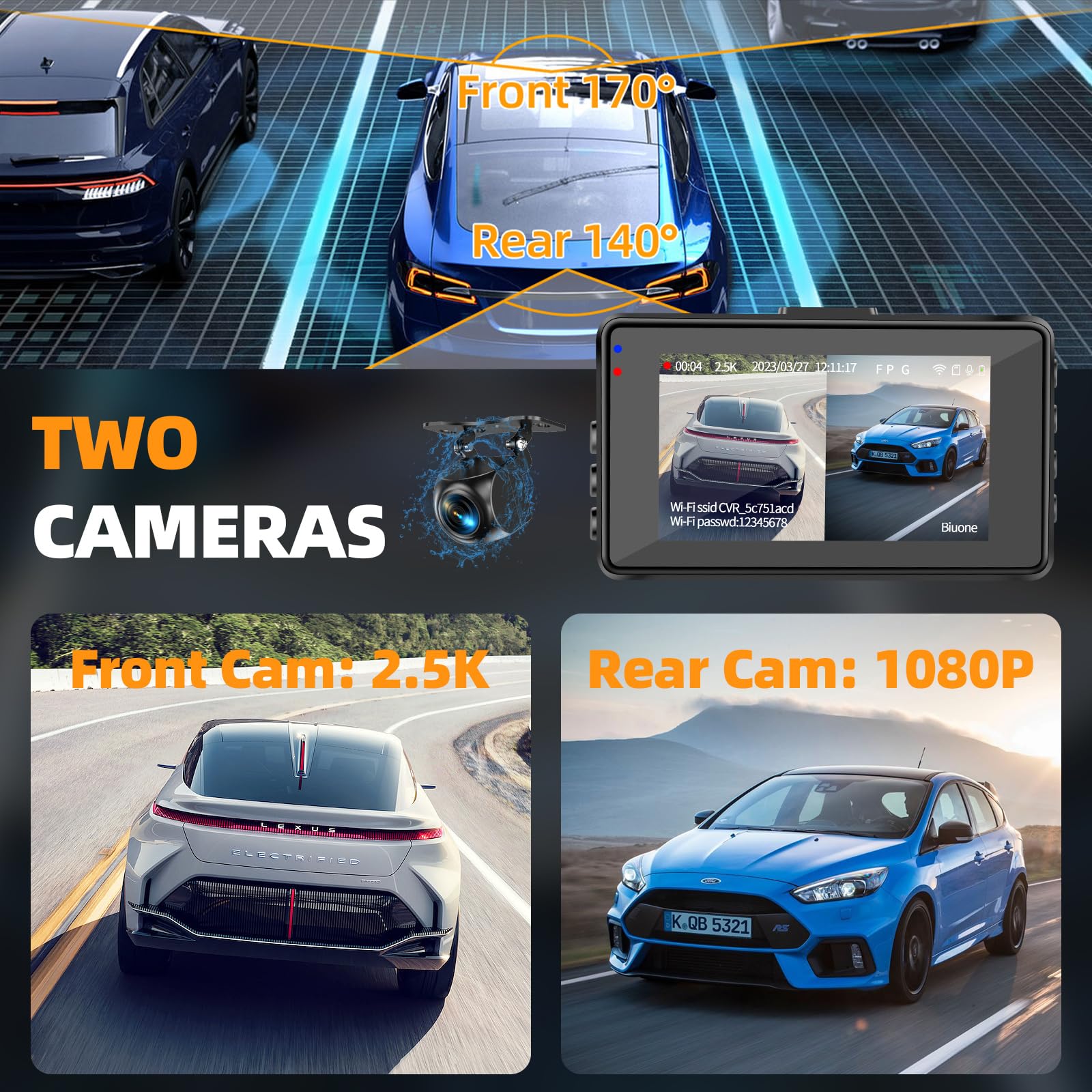 Dash Cam Front And Rear Dash Camera Wifi/App Control Car Camera Dash Cam With 64G Card 2.5K Front Dash Cam+1080P Rear Dashcams W